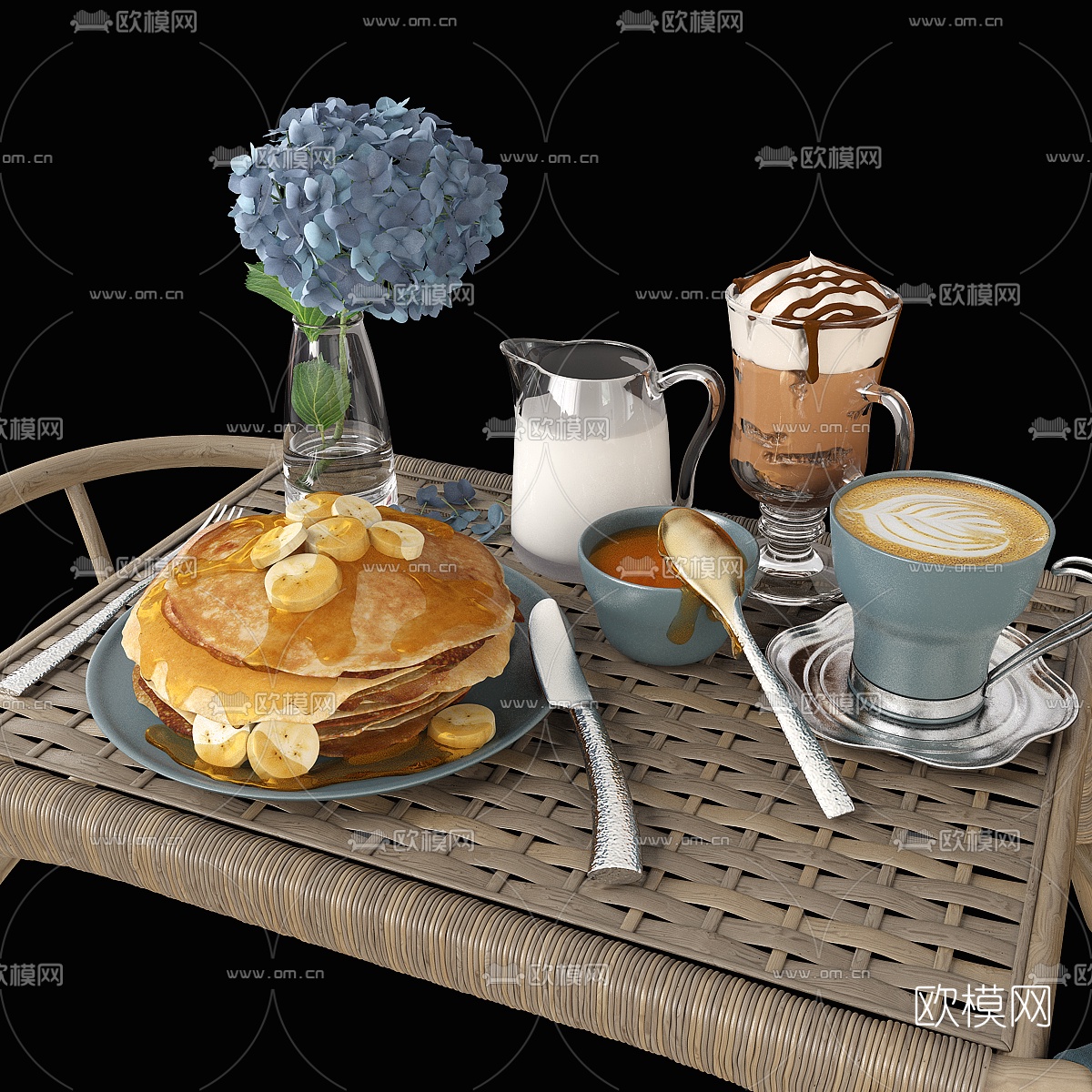 现代牛奶咖啡早餐食品餐具3d模型