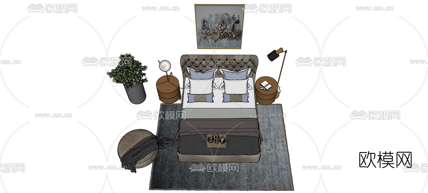 现代布艺双人床su模型下载（渲染图3）