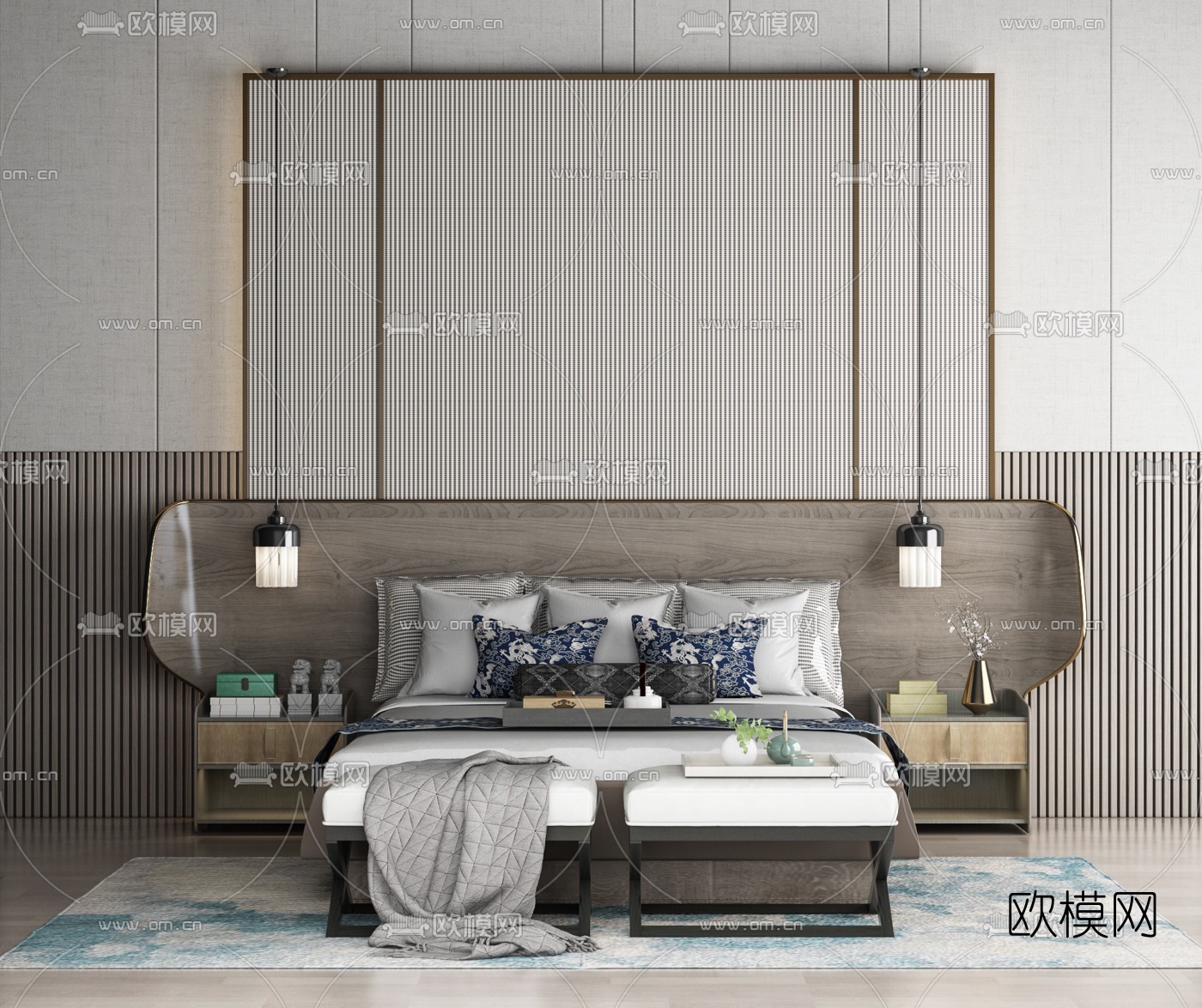 新中式布艺双人床3d模型下载