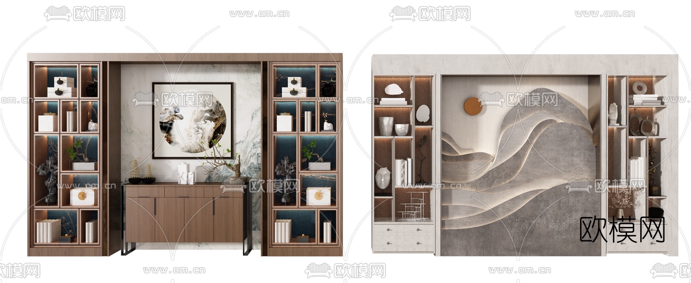 新中式装饰柜背景墙3d模型下载