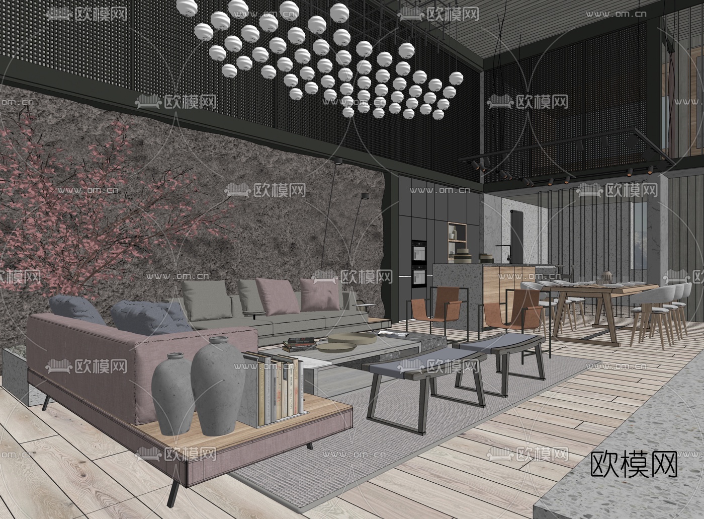 新中式别墅大堂餐厅su模型下载（渲染图2）