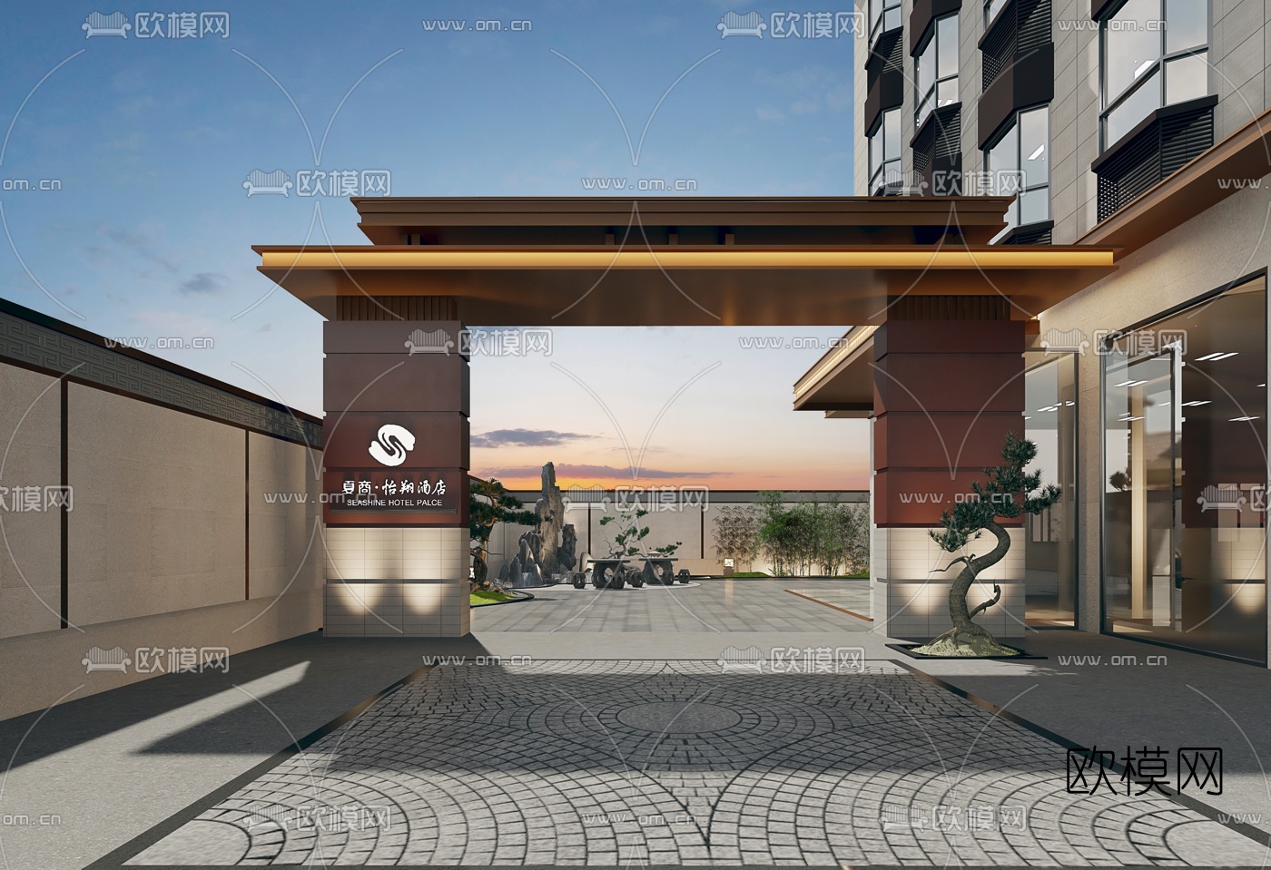 新中式庭院景观3d模型下载（渲染图3）