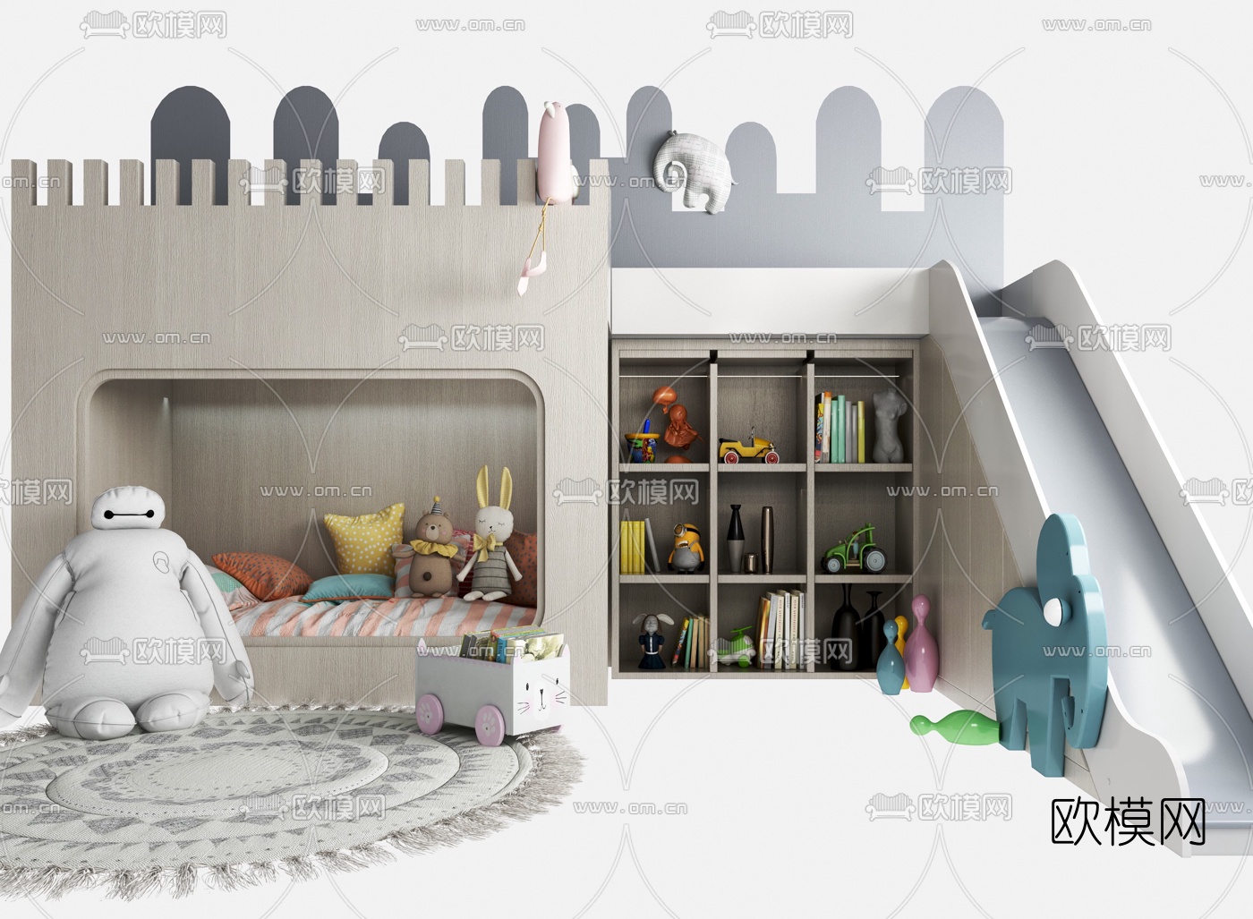 现代上下铺滑梯儿童床3d模型下载