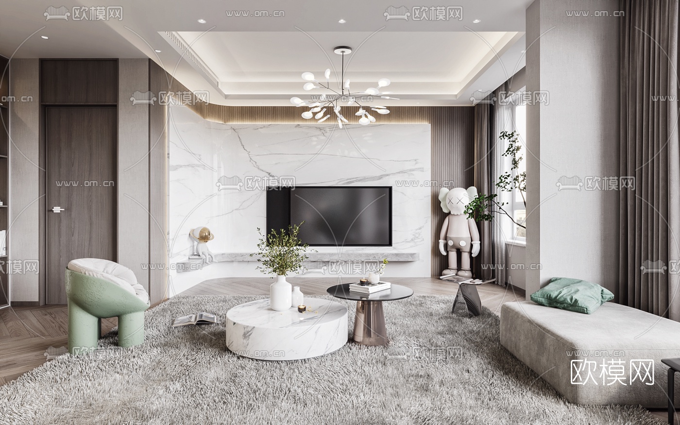现代轻奢客厅餐厅3d模型