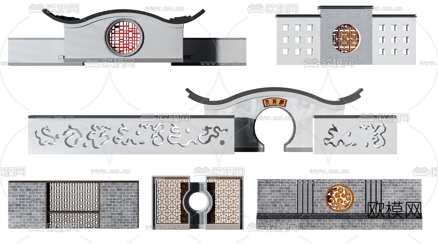 新中式围墙景墙院墙3d模型下载