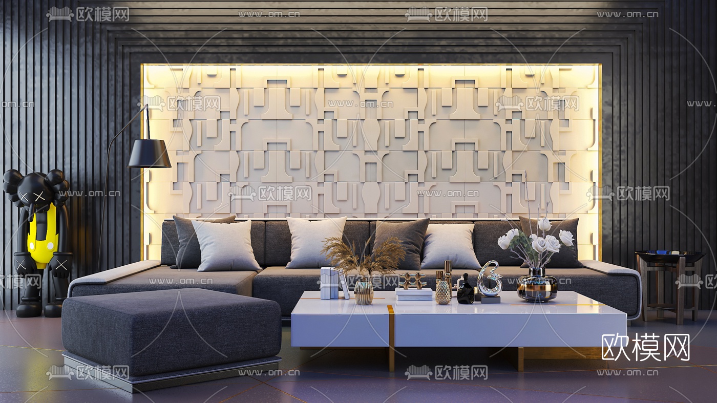 现代布艺转角沙发组合3d模型