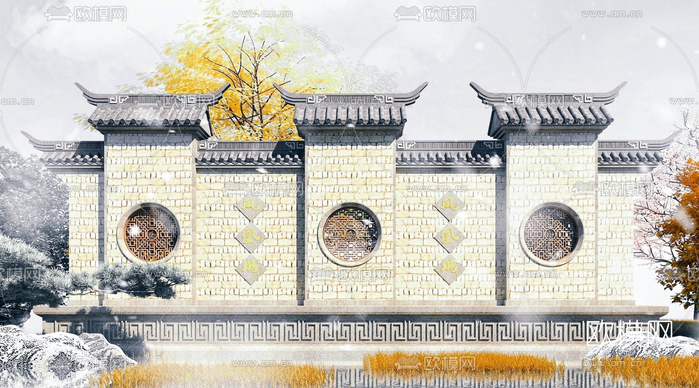 中式徽派景观墙3d模型下载