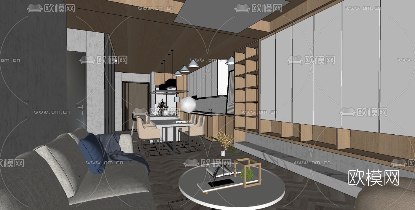 北欧原木客餐厅su模型下载（渲染图3）