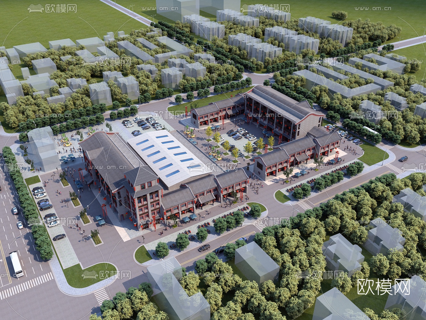 中式商业街鸟瞰3d模型下载