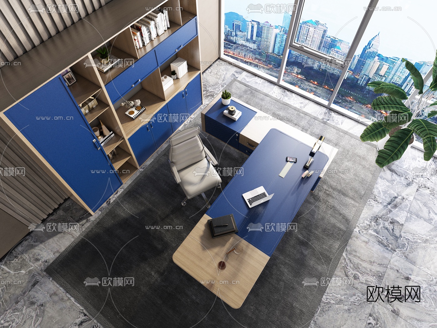 现代办公桌班台桌椅书柜3d模型下载（渲染图2）