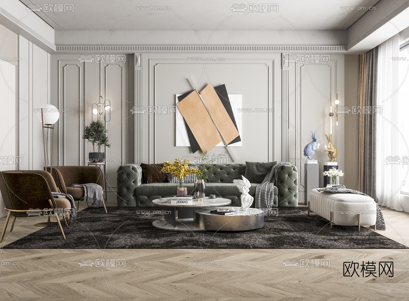 现代绒布沙发茶几组合3d模型