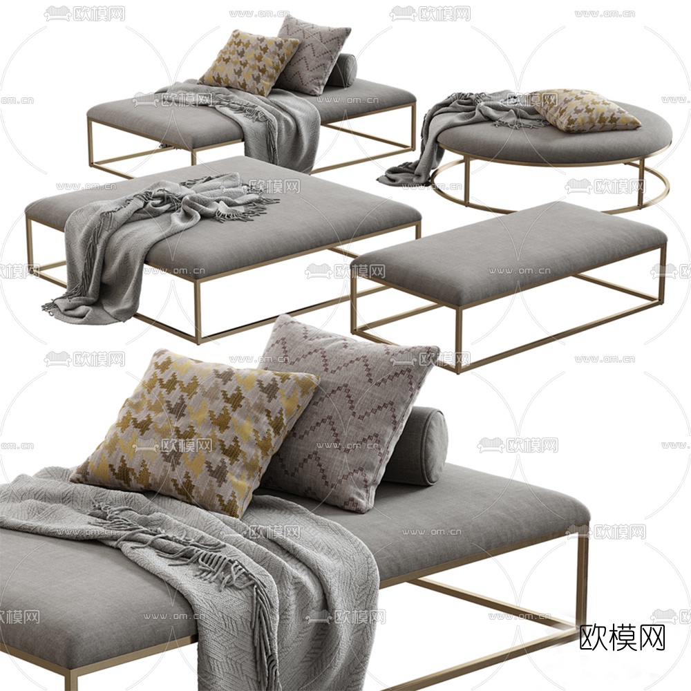 现代布艺床尾凳脚踏3d模型下载（渲染图1）