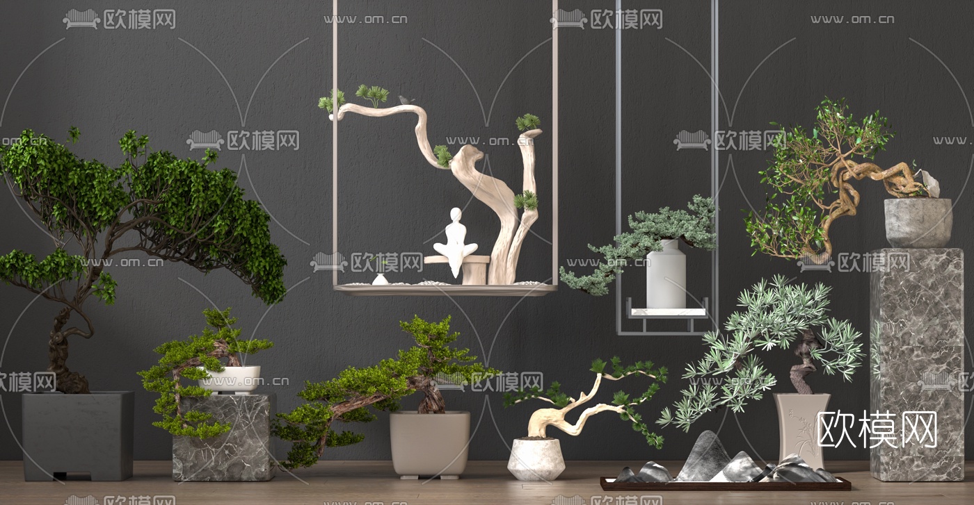 新中式松树榕树盆景盆栽3d模型-免费3dmax模型库-欧模网
