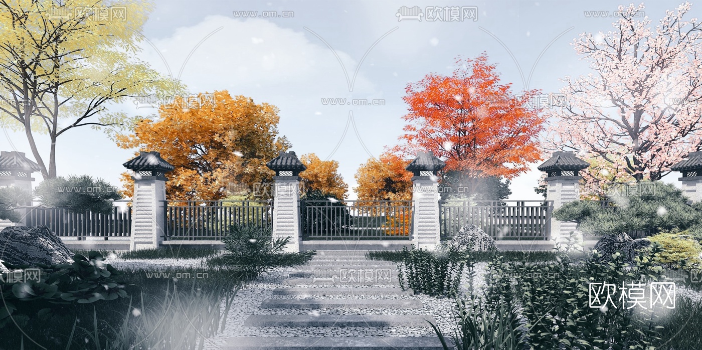 中式古建围栏围墙3d模型