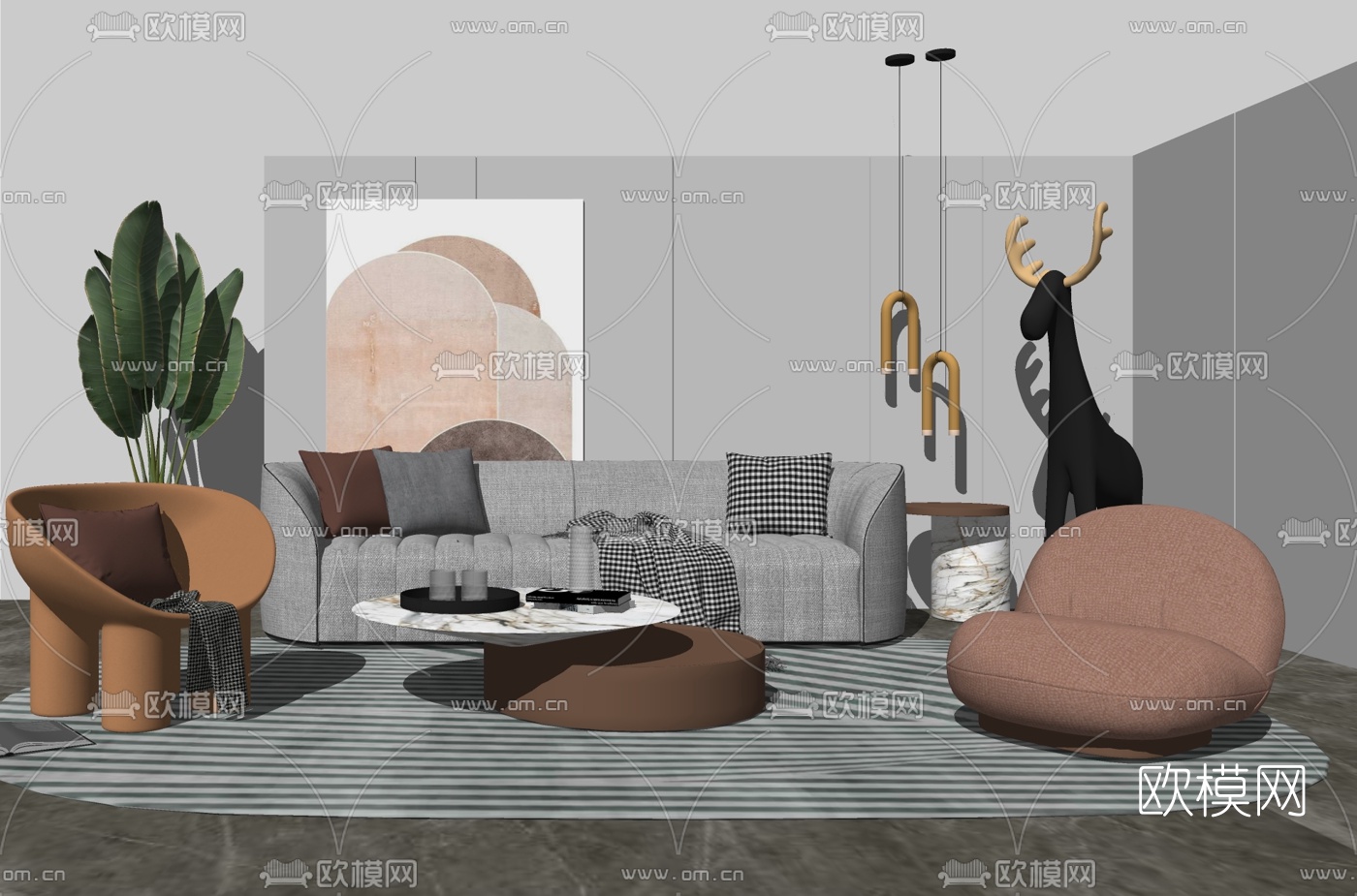 北欧布艺组合沙发su模型下载
