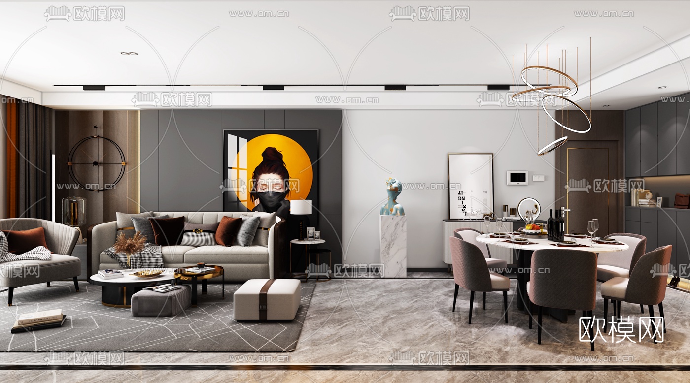 现代轻奢客餐厅3d模型-免费3dmax模型库-欧模网