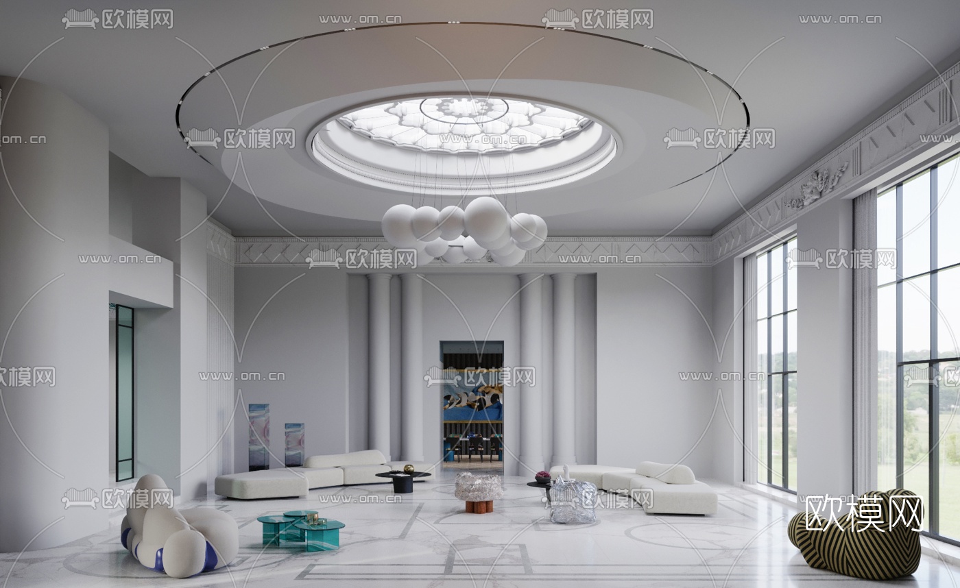 后现代简约别墅客厅餐厅3d模型
