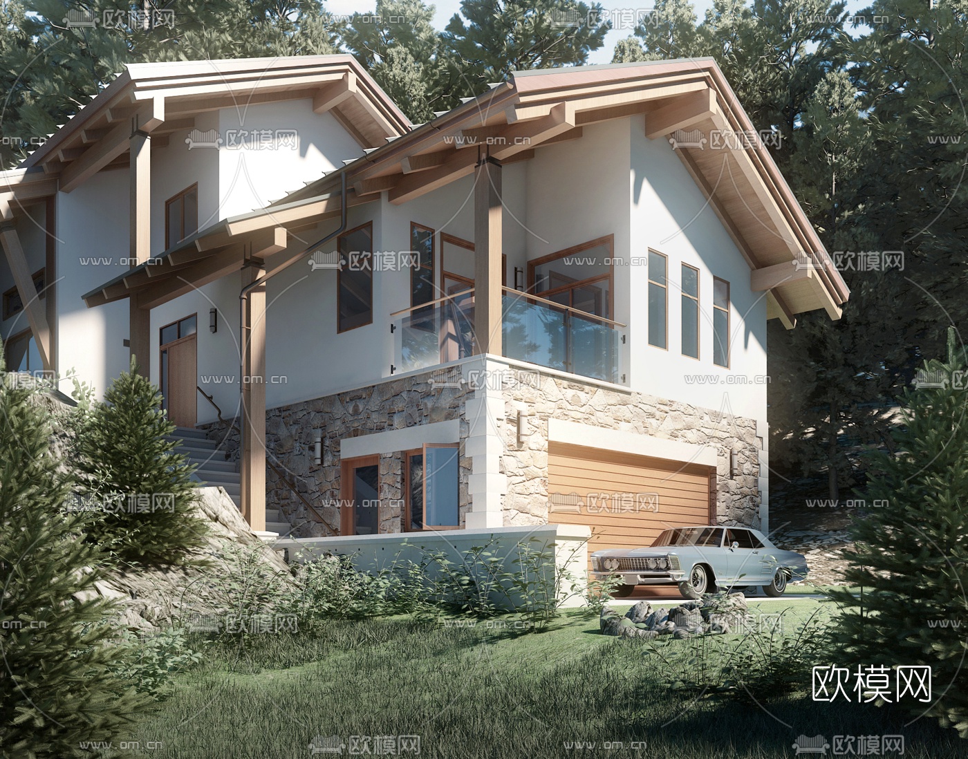 自然风半山别墅外观3d模型下载（渲染图4）