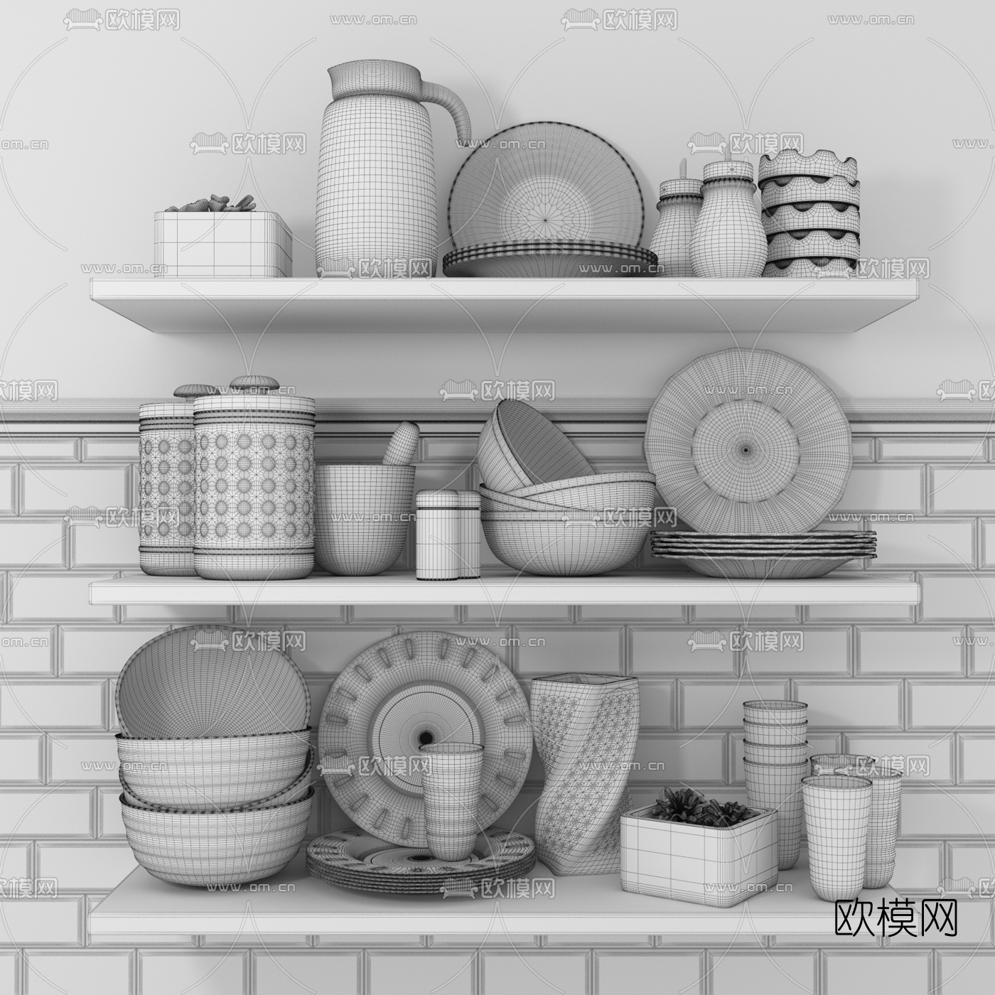 北欧陶瓷玻璃碗碟餐具3d模型下载（渲染图2）