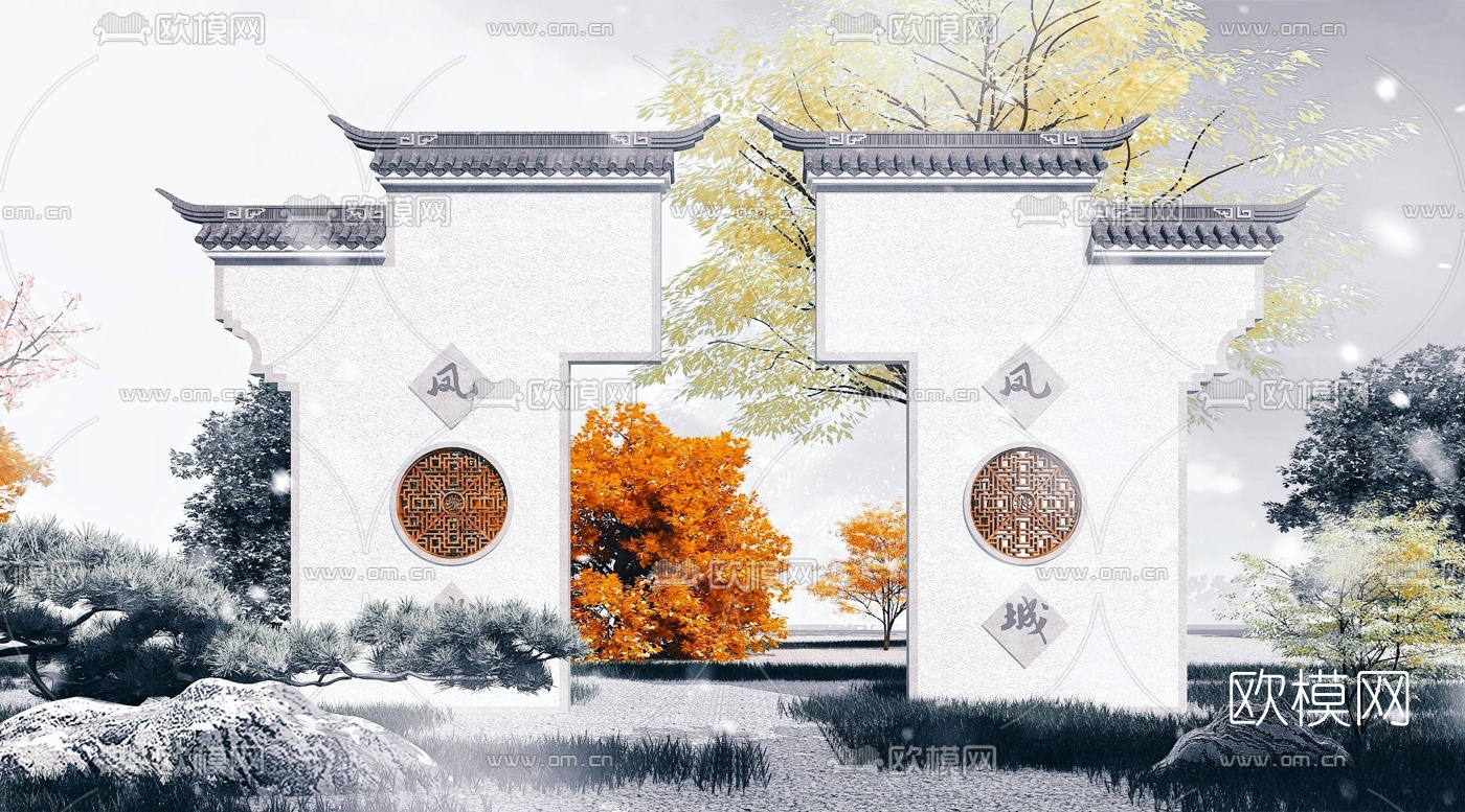 中式园林景观墙3d模型下载