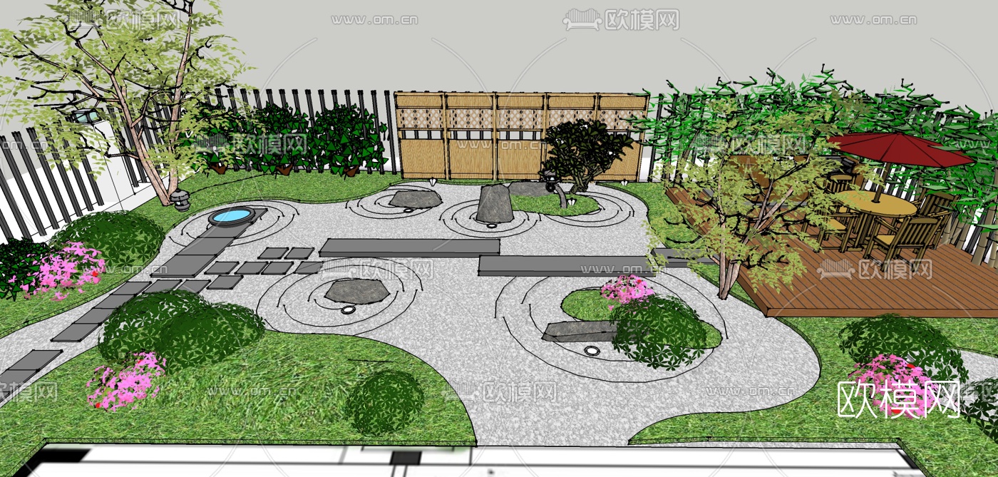 新中式别墅庭院景观su模型下载（渲染图2）