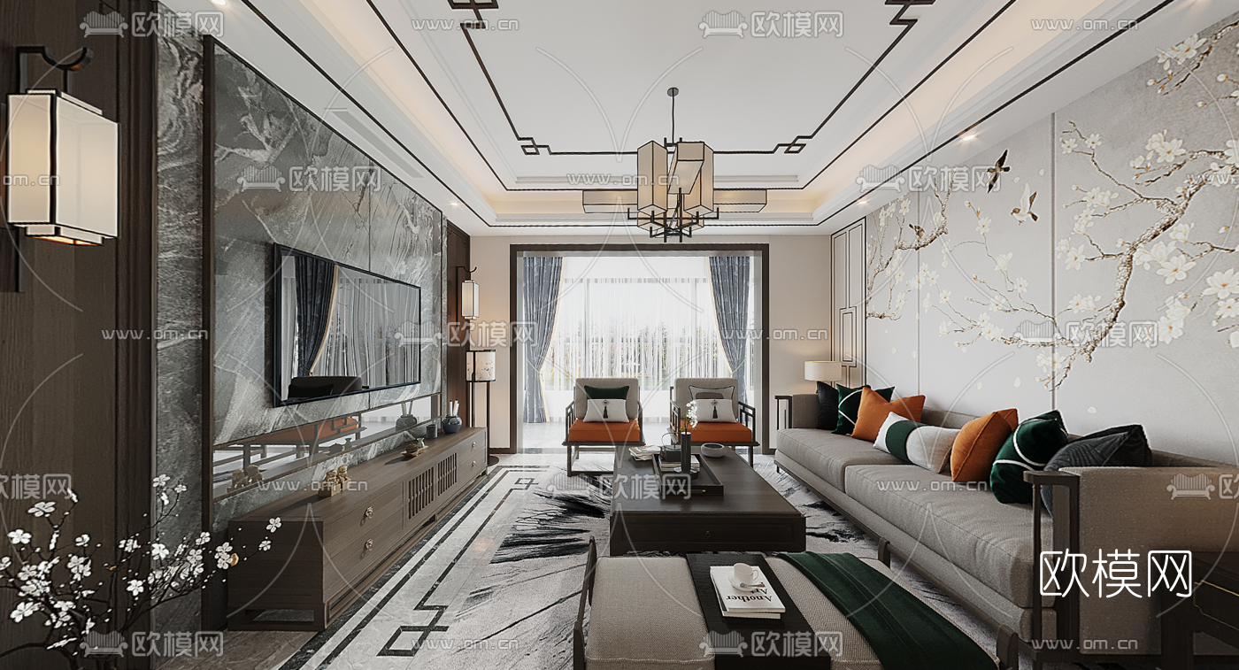 新中式客厅餐厅cr全景3d模型