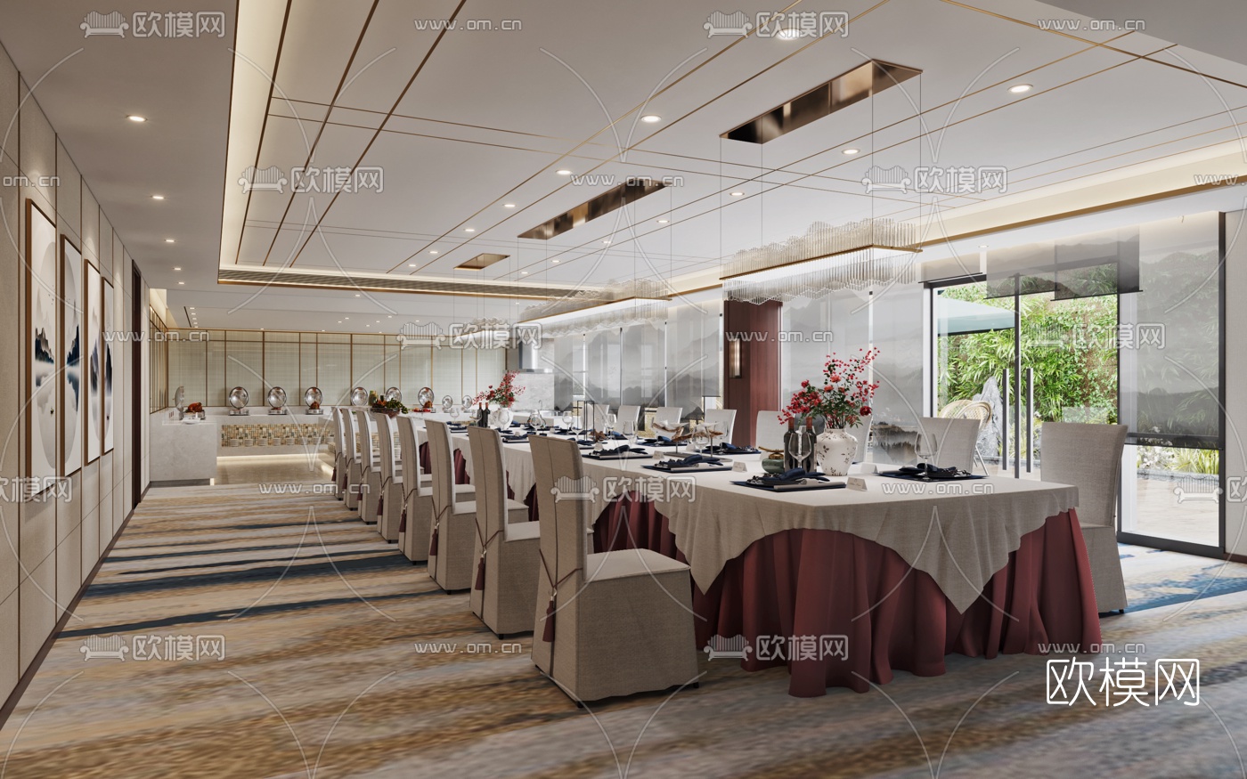 新中式酒店自助餐厅3d模型下载