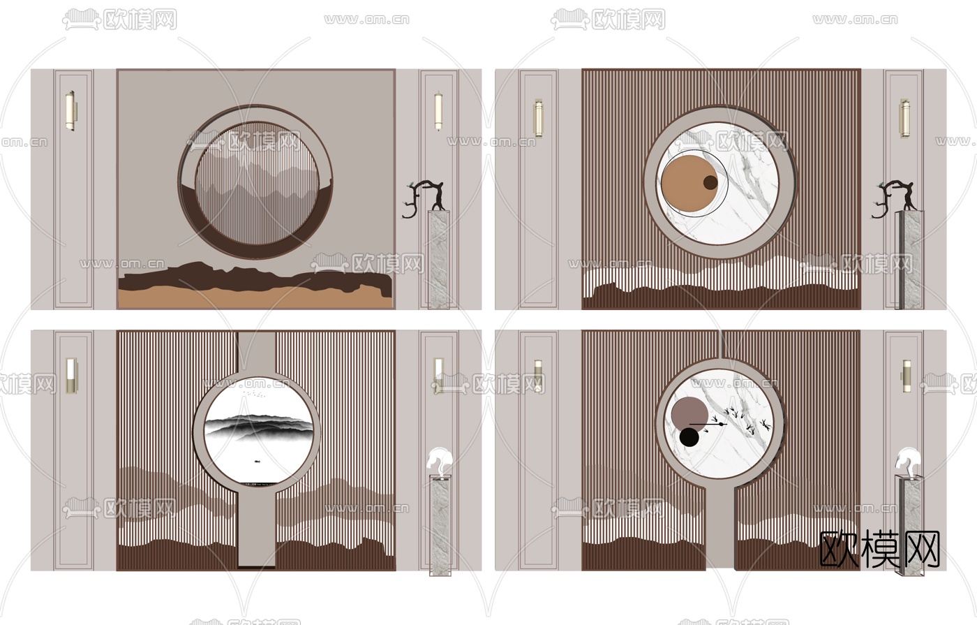 新中式背景墙su模型下载