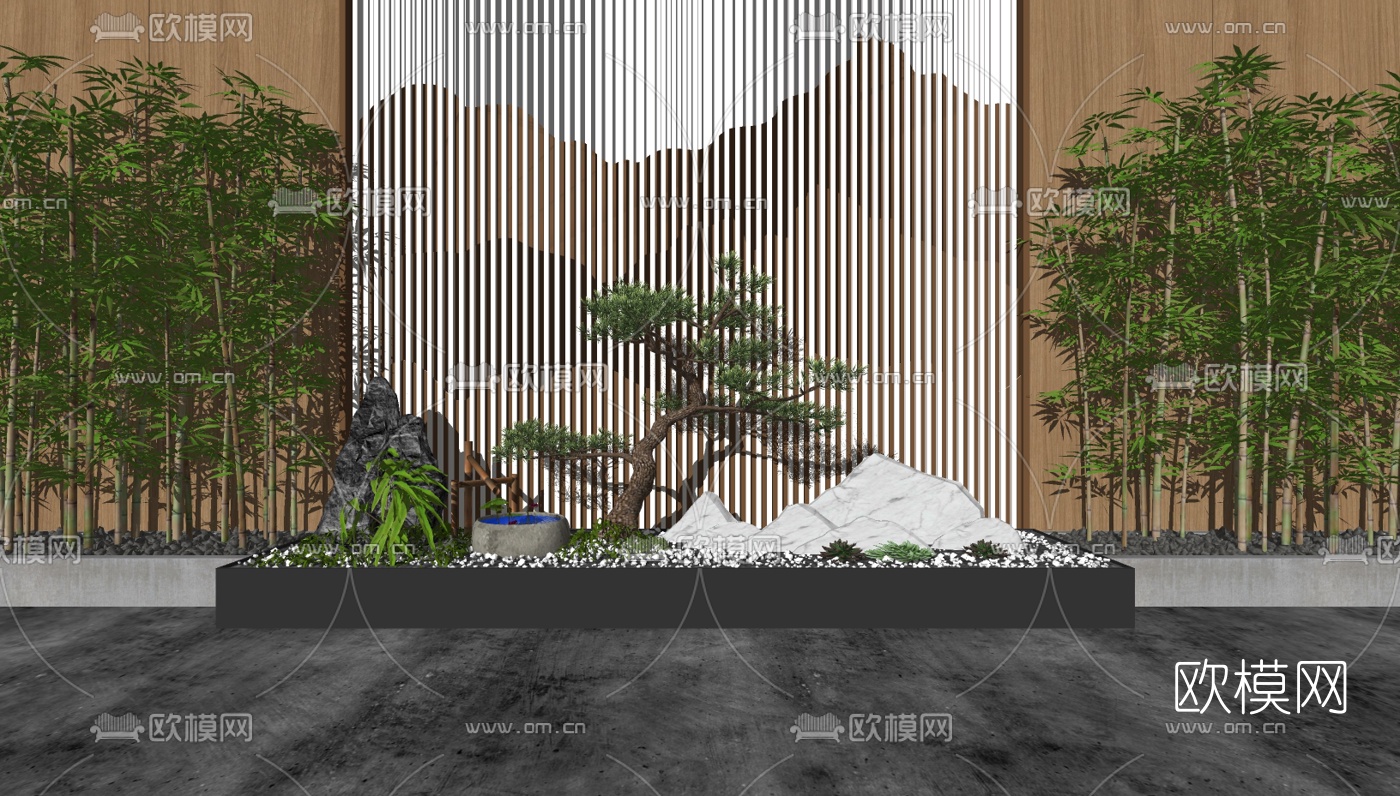 新中式松树假山枯山石小品su模型
