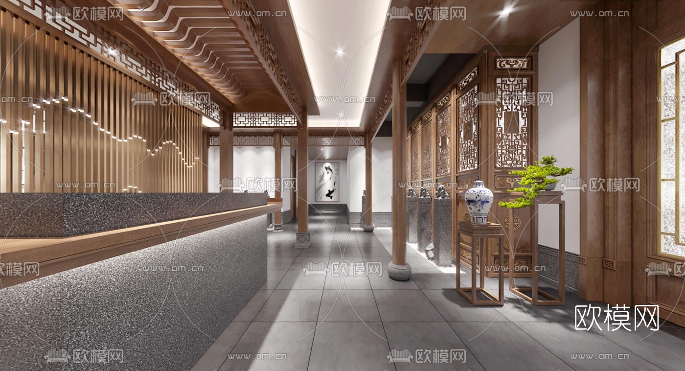 中式酒店前台大厅cr全景3d模型