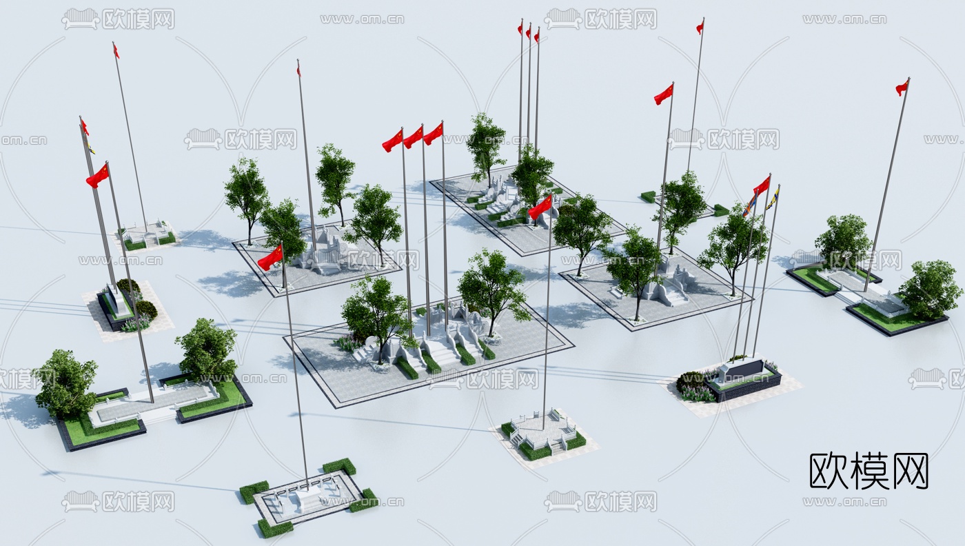 现代旗杆升旗台建筑构件3d模型