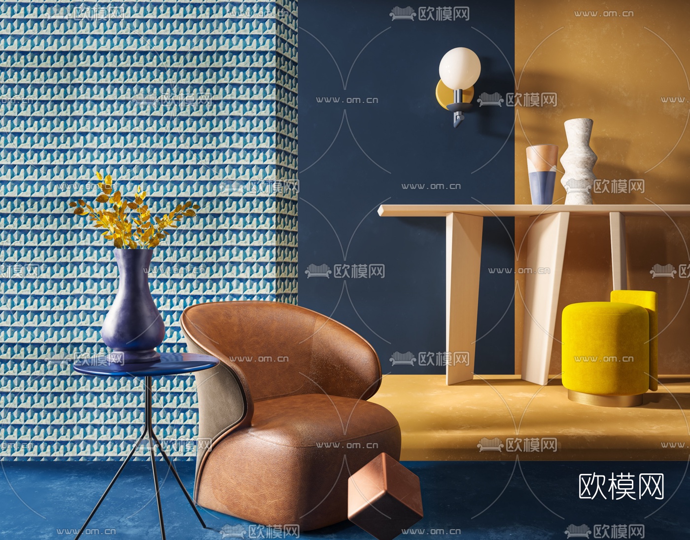 北欧皮革休闲沙发边几3d模型下载