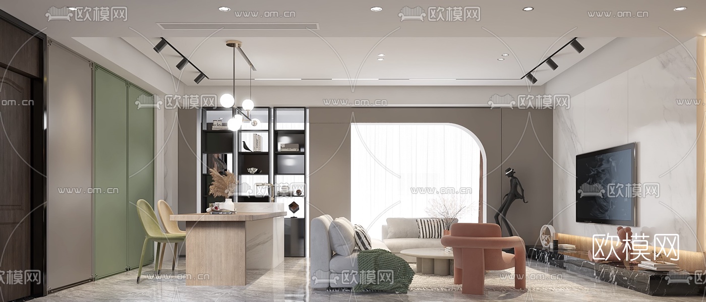 简欧简约客厅餐厅3d模型下载（渲染图1）