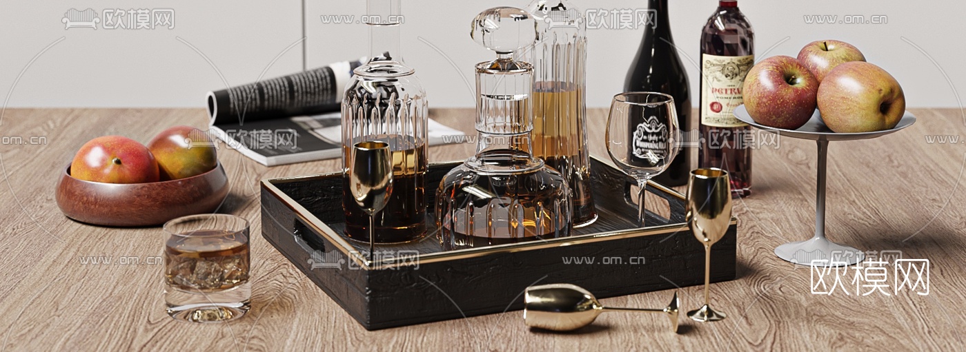 现代酒水酒具果盘3d模型下载（渲染图2）