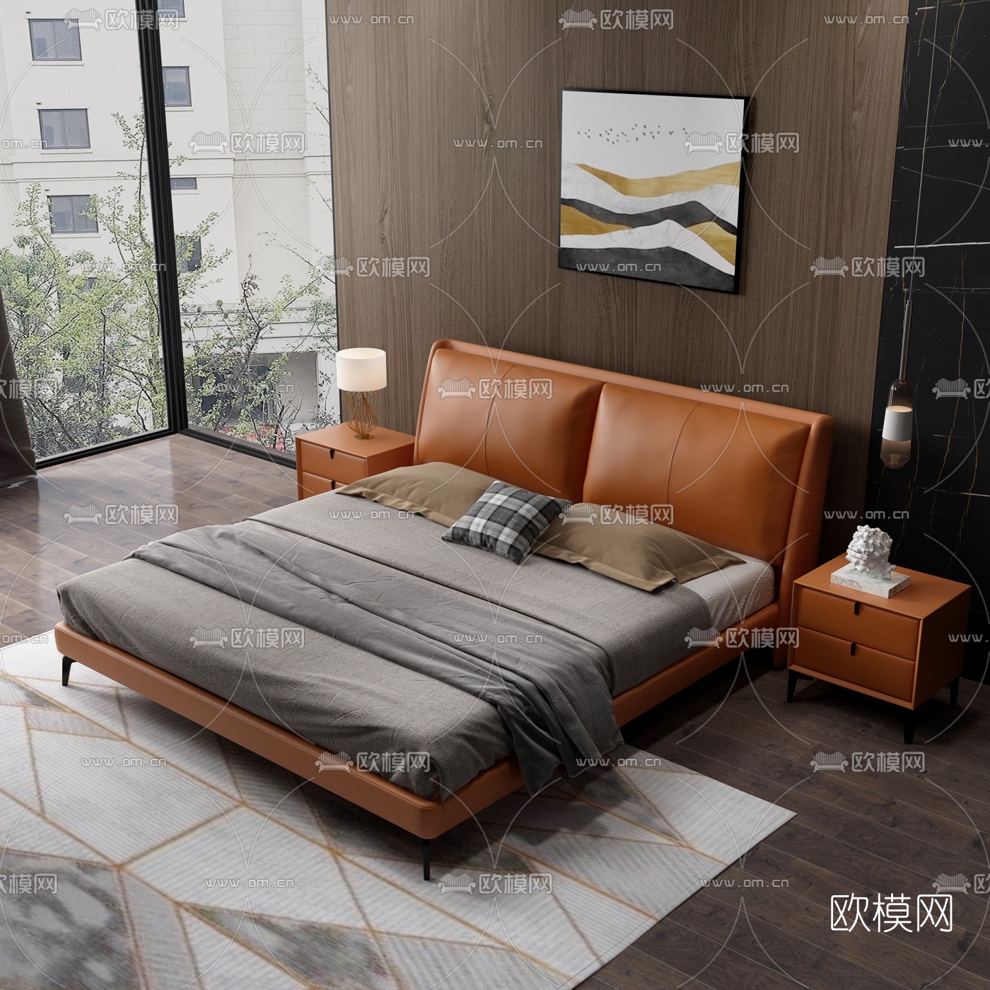 现代皮革双人床3d模型