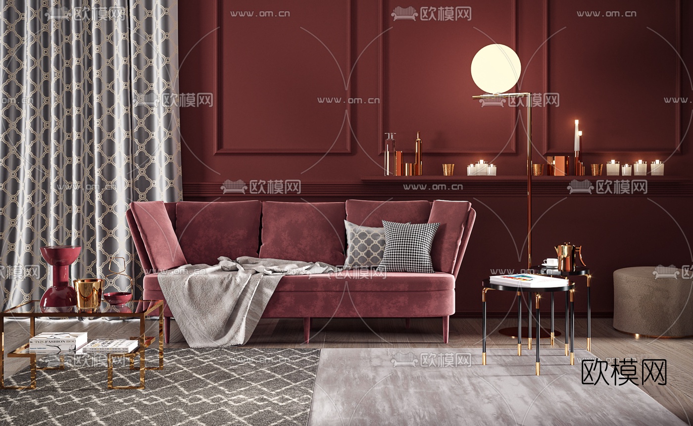 简欧绒布沙发组合3d模型下载