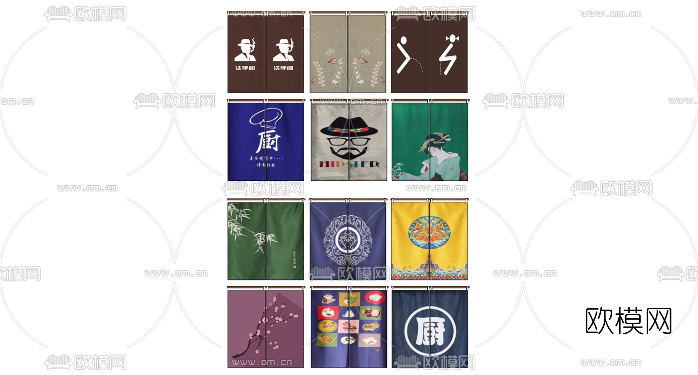 新中式遮挡门帘半挂门帘su模型下载