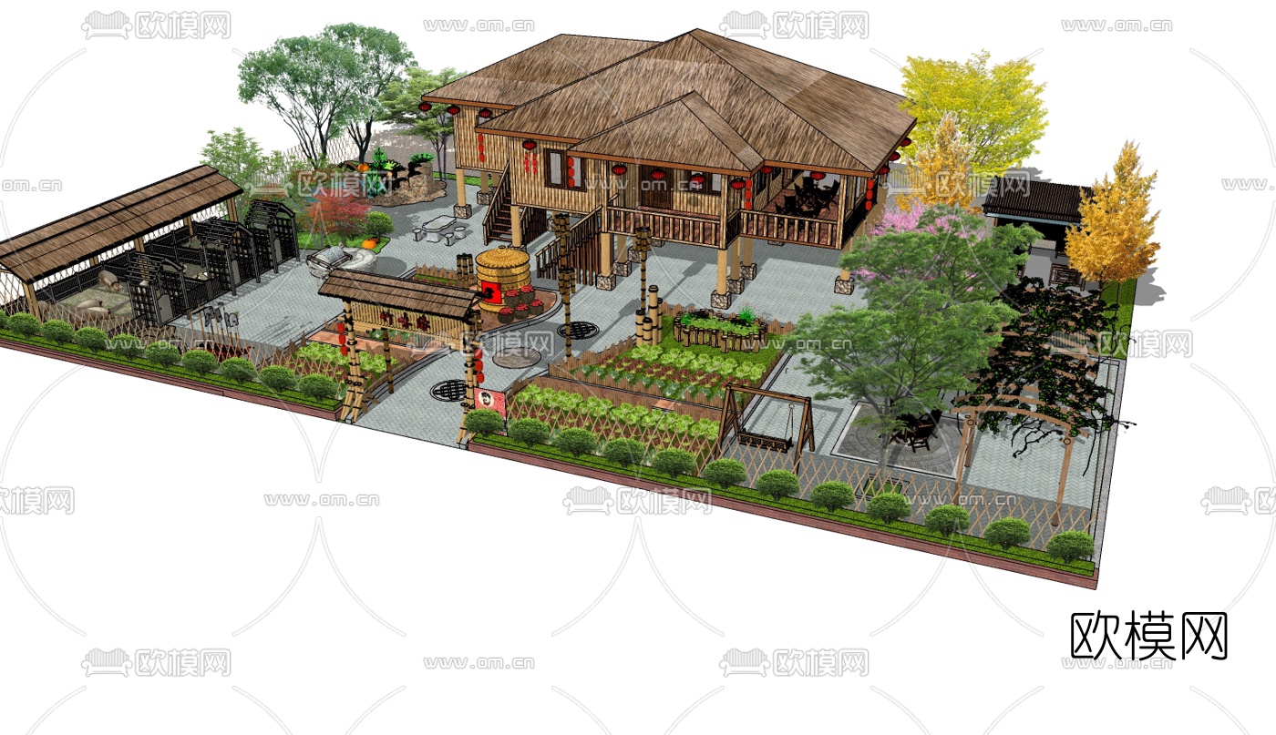 中式农家乐外观su模型下载（渲染图2）
