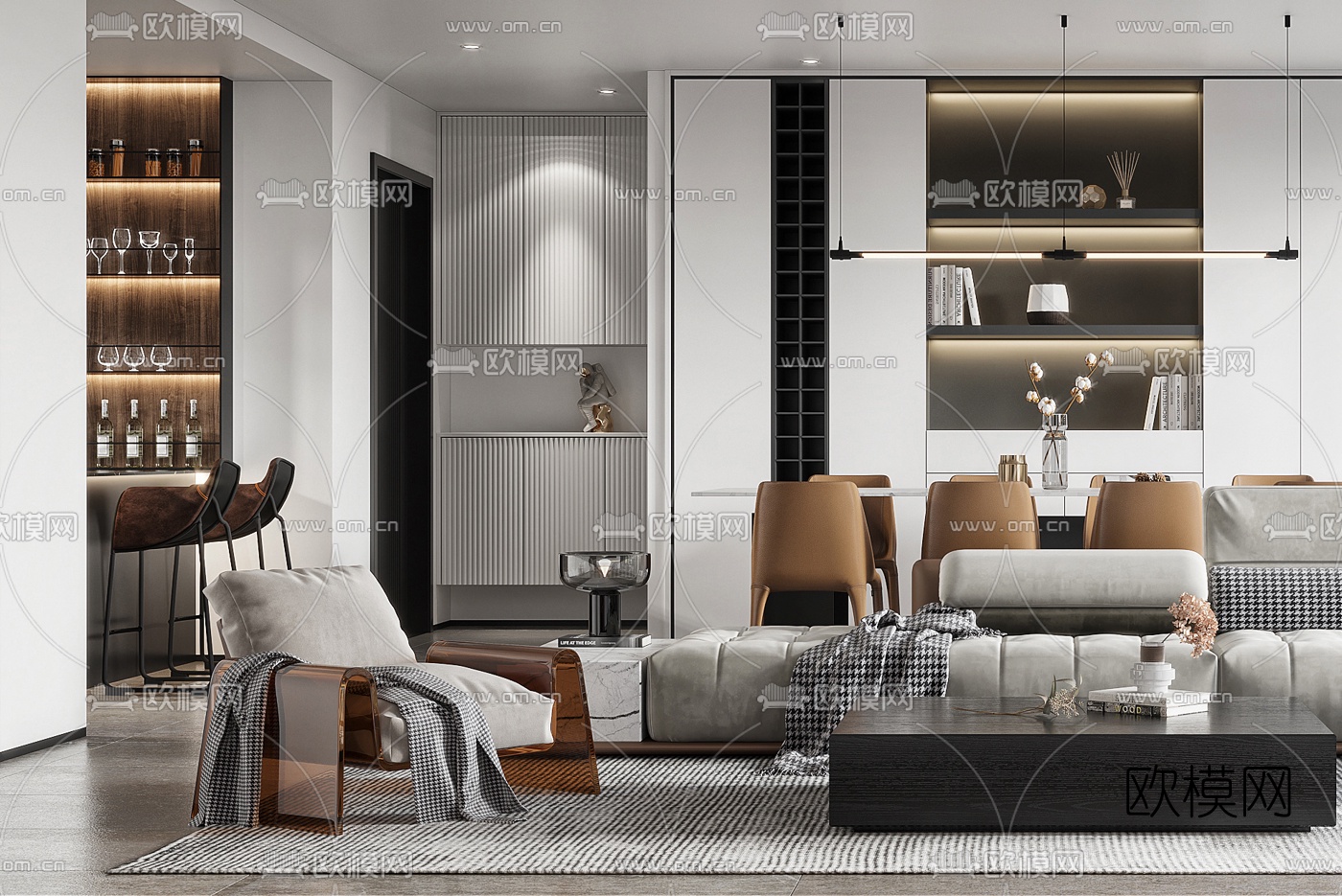 现代布艺转角沙发组合3d模型下载（渲染图3）