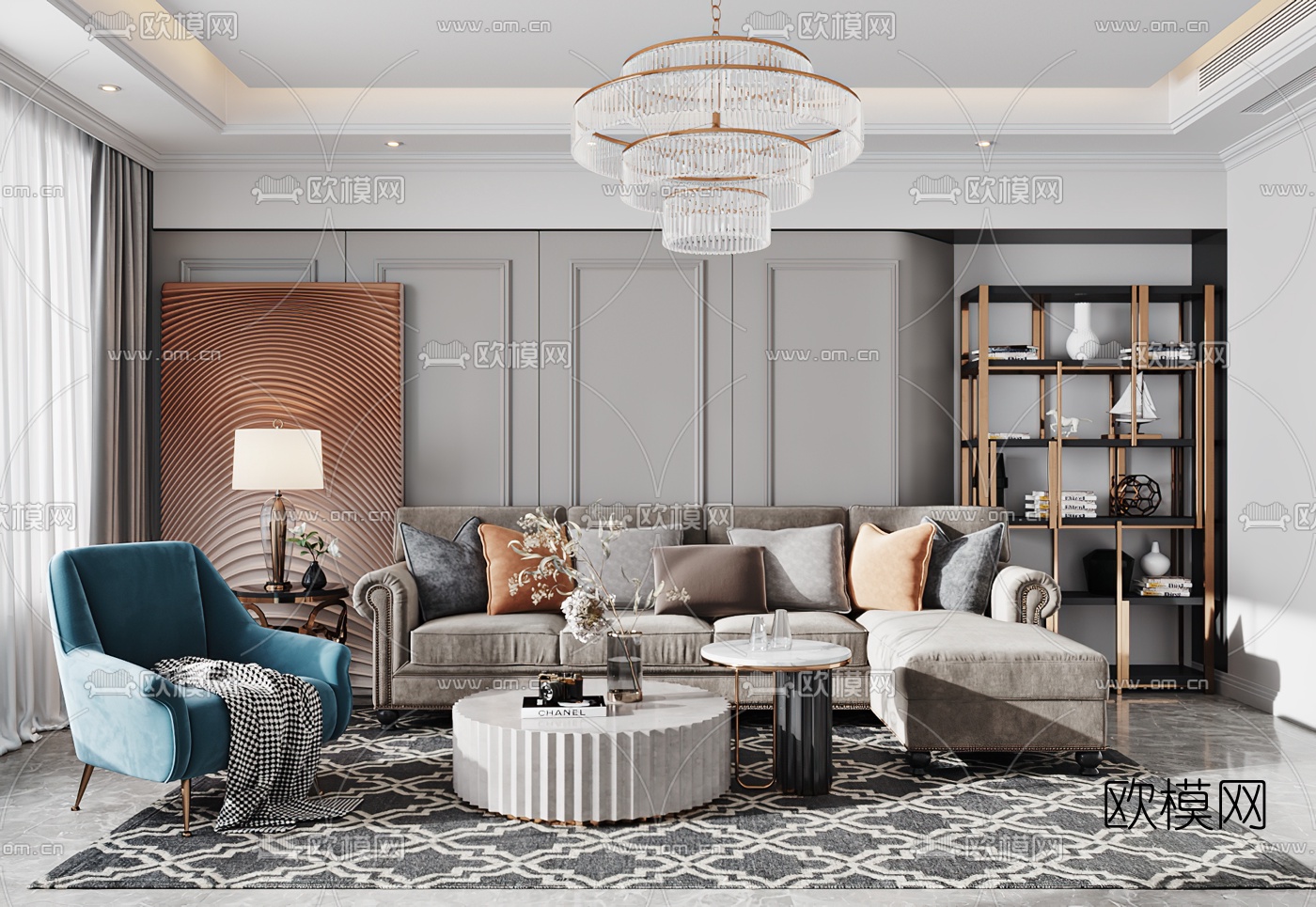 美式布艺转角沙发组合3d模型下载（渲染图1）