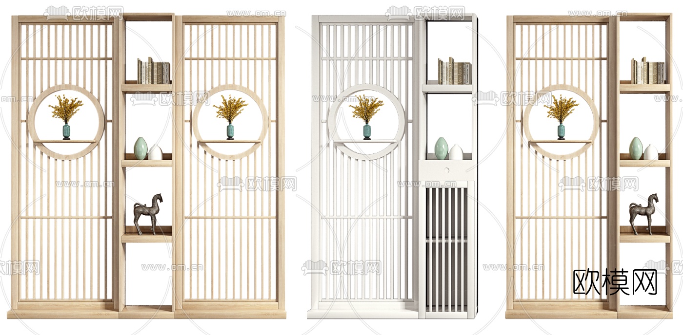 新中式实木屏风隔断3d模型下载（渲染图1）