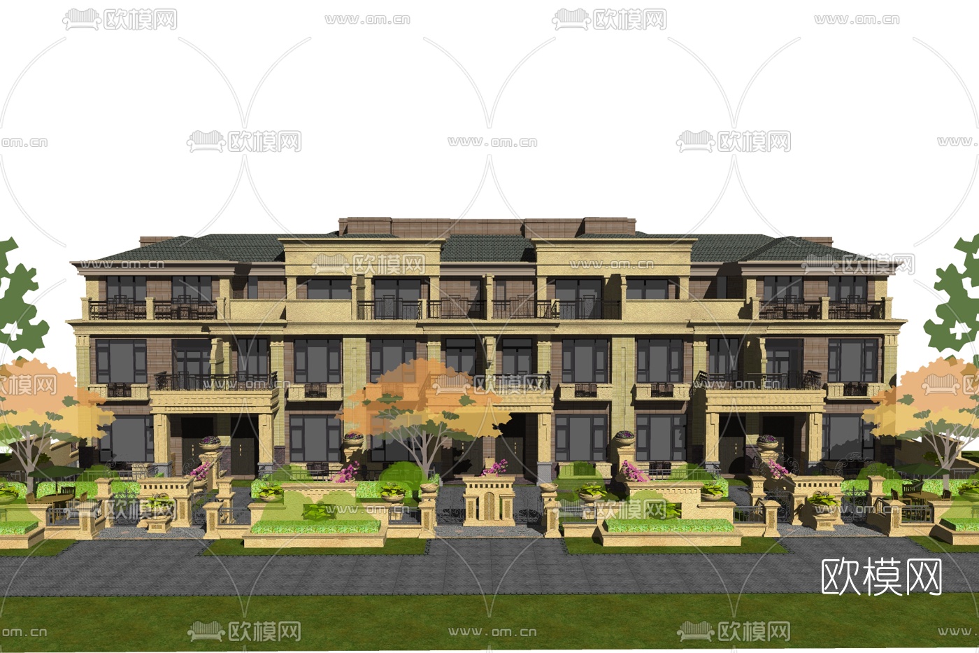 简欧连排别墅外观su模型下载