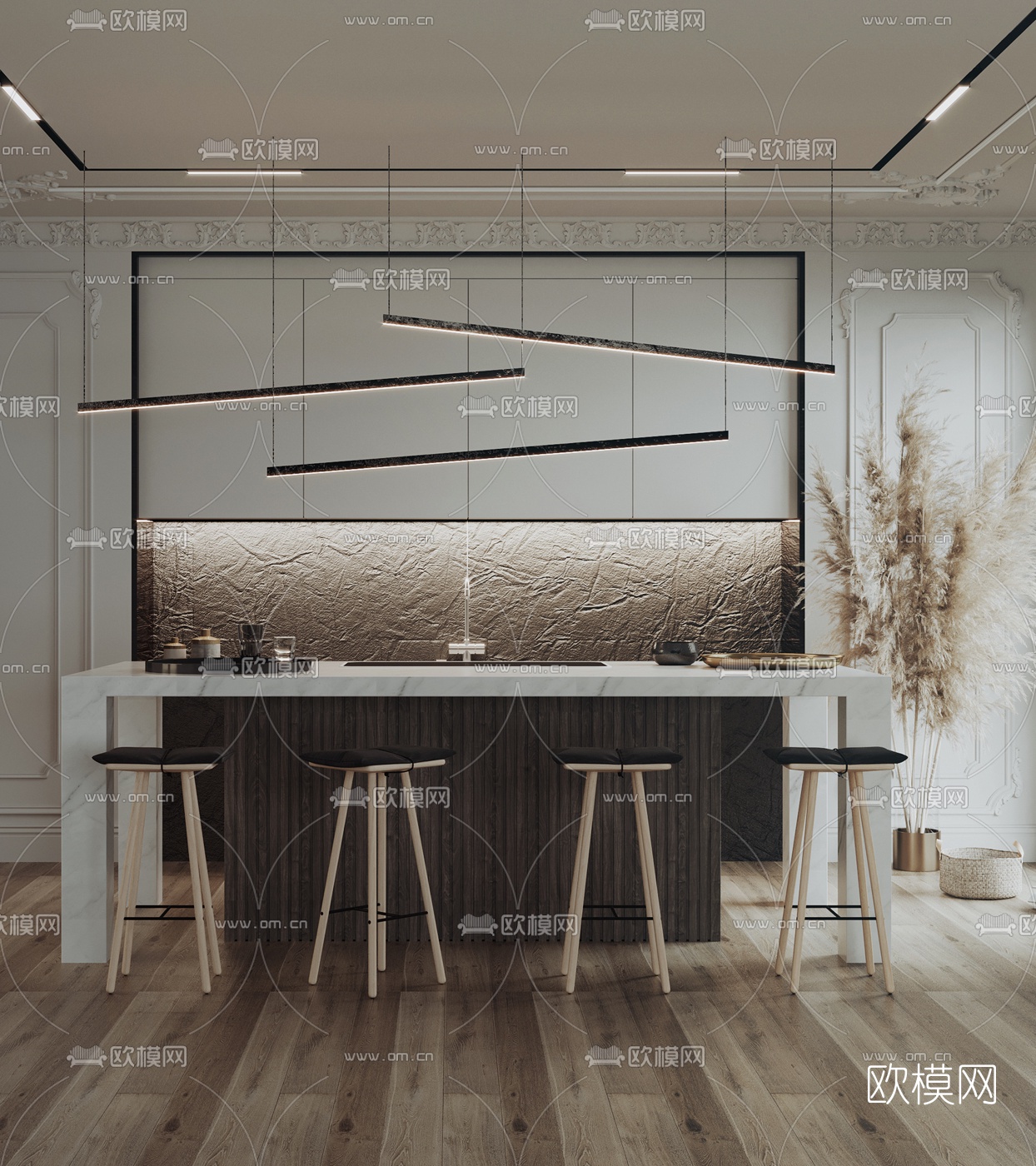 现代开放式厨房中岛柜吧台3d模型下载（渲染图2）