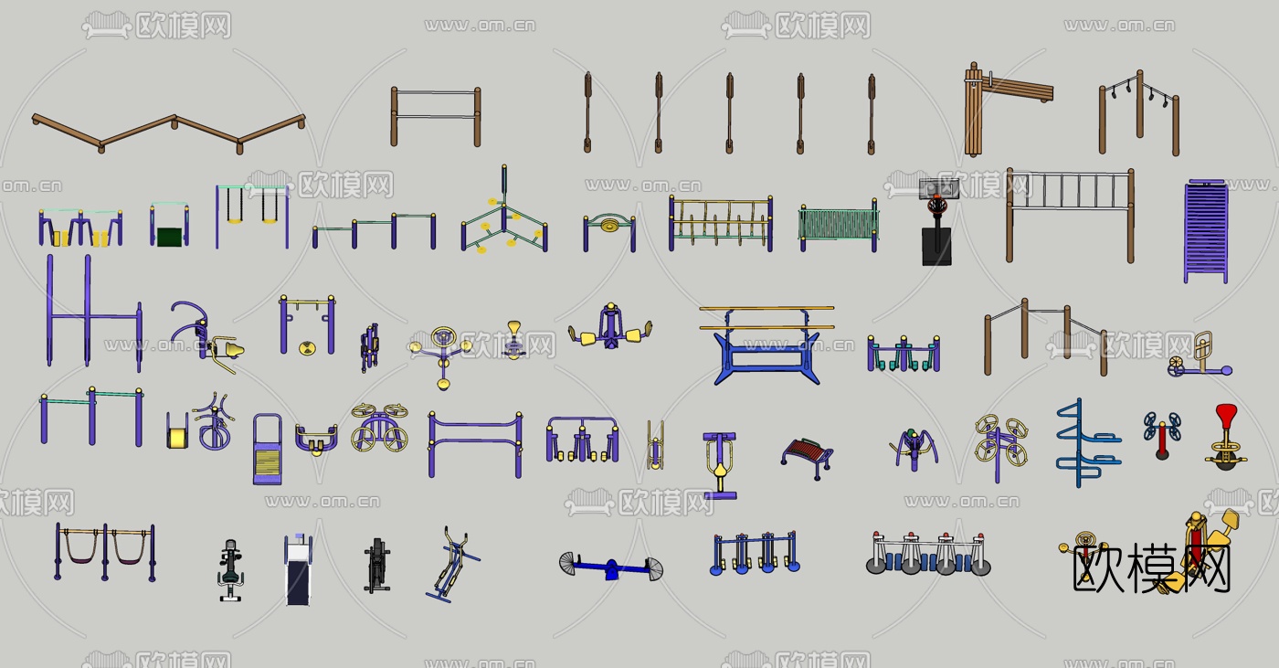 现代单双杠跷跷板健身器材su模型下载