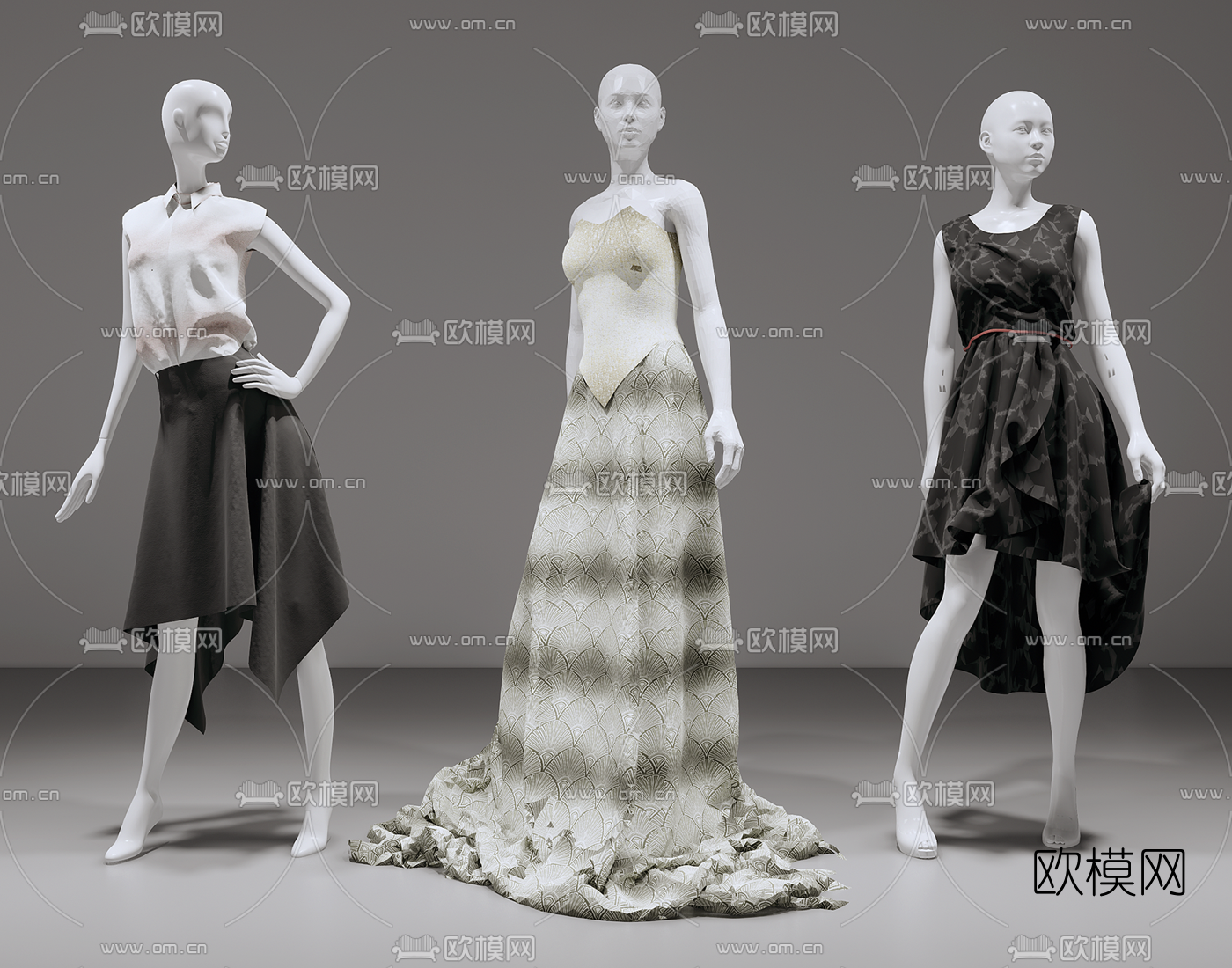 现代服装模特组合su模型下载（渲染图1）
