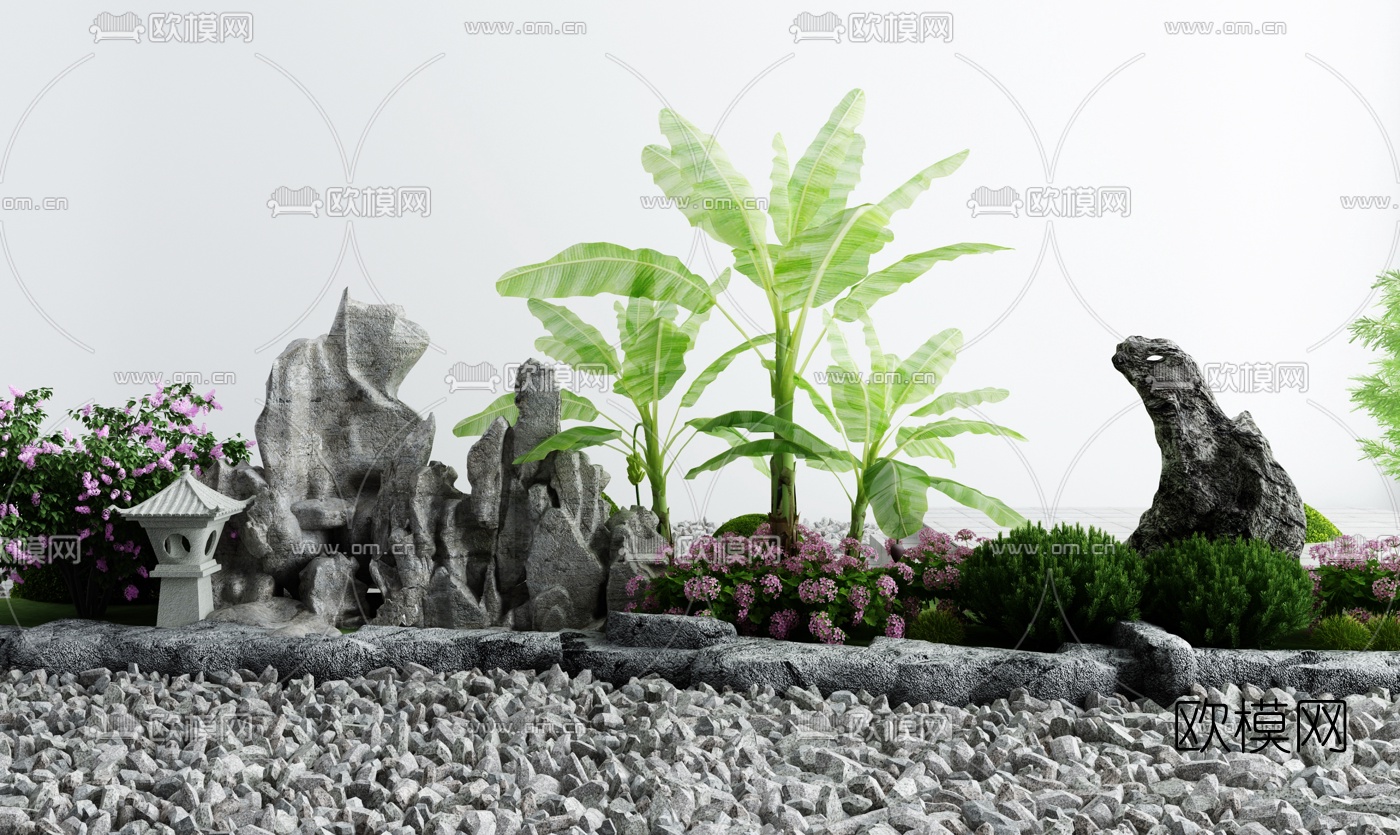 新中式假山花草灌木小品3d模型
