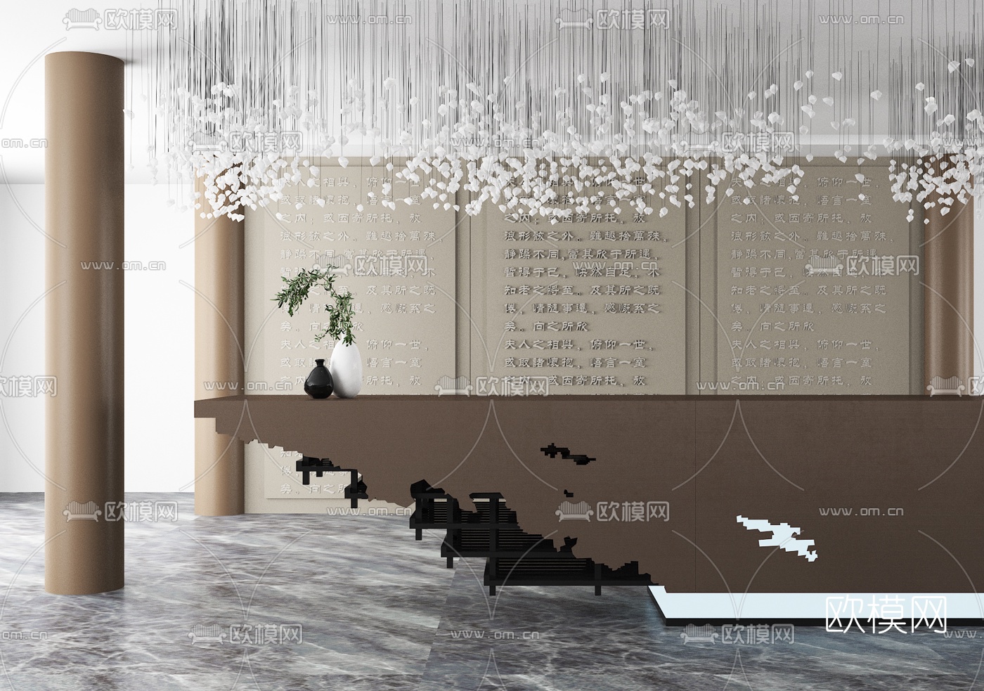 新中式大堂前台3d模型