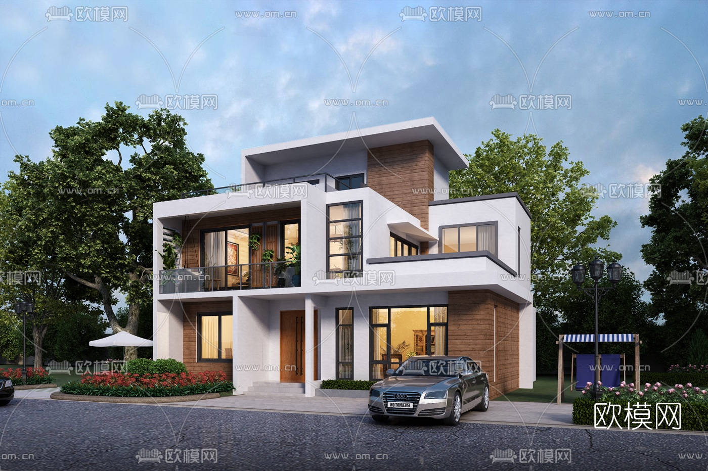 现代独栋别墅外观3d模型下载（渲染图2）