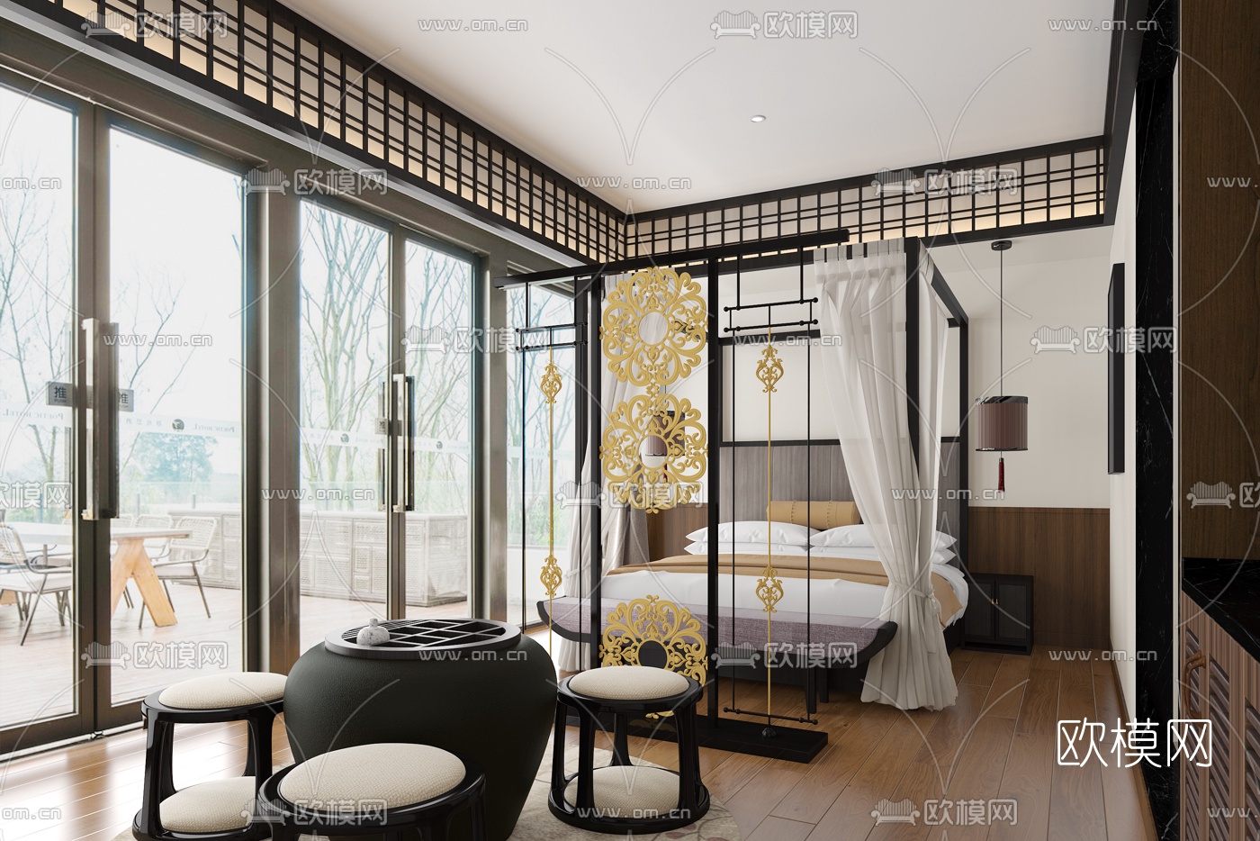 HMD设计 新中式酒店客房3d模型