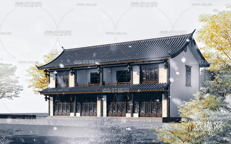 中式古建双层民居3d模型下载
